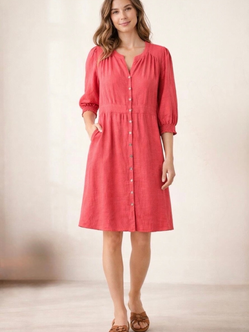 J.Jill Dress MP Guava Pink Linen Blend Button Front Summer Shift Loose Fit